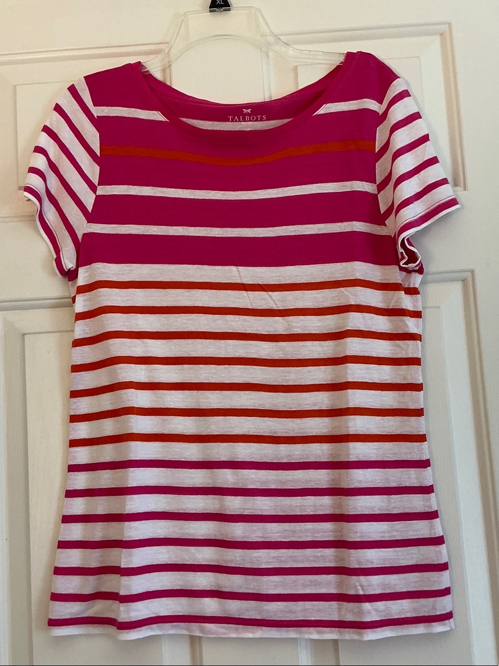 Talbots Pink, White & Orange Striped Short Sleeve Tee size Large Petite